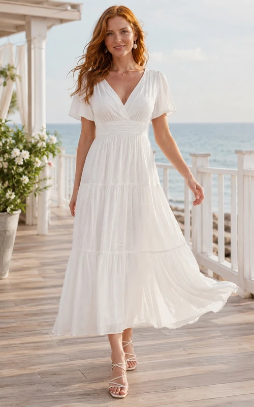 White V-Neck Short-Sleeve Chiffon A-Line Ankle-length Tiered Casual Guest Dress