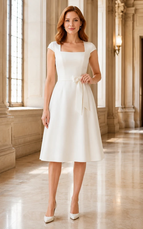 Robe de mariée en satin à encolure carrée, longueur thé, jupe trapèze épurée