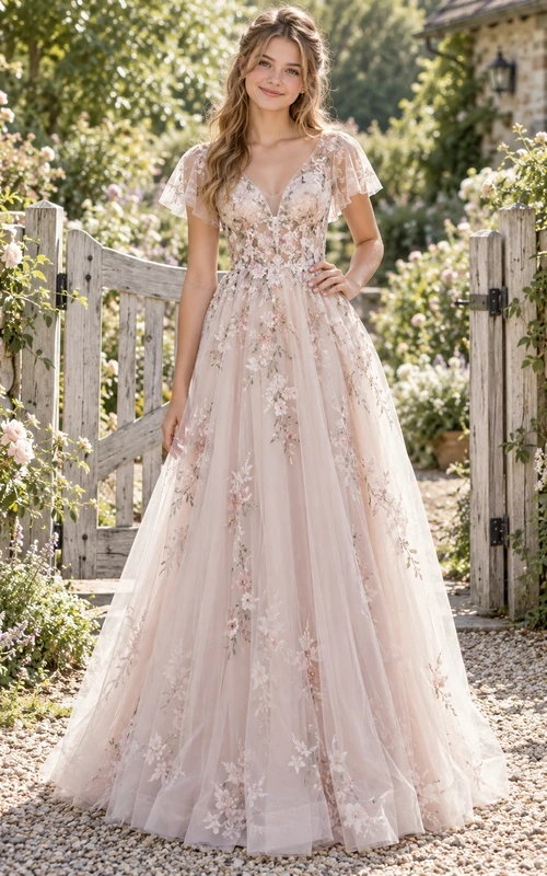 Country Blush V-neck Floral Applique Cap Sleeve A-line Birthday Gown