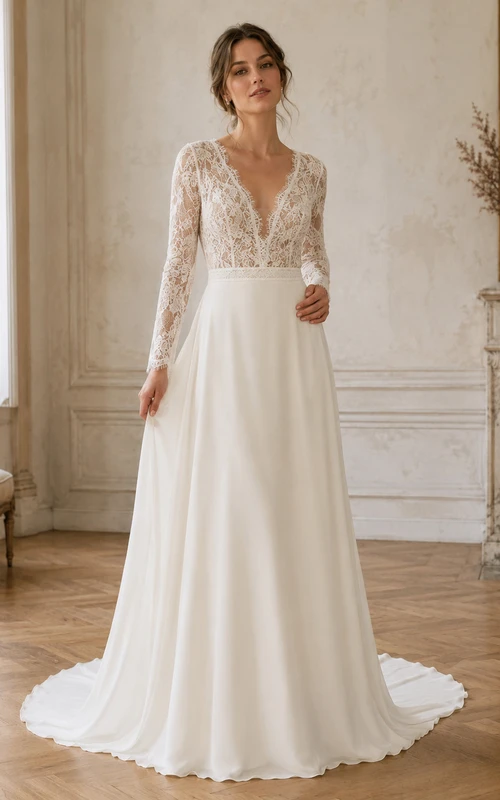 Robe de mariée raffinée en mousseline de soie et dentelle, décolleté en V profond, manches longues, coupe trapèze, traîne, dos nu plongeant, manches longues et bustier en V.