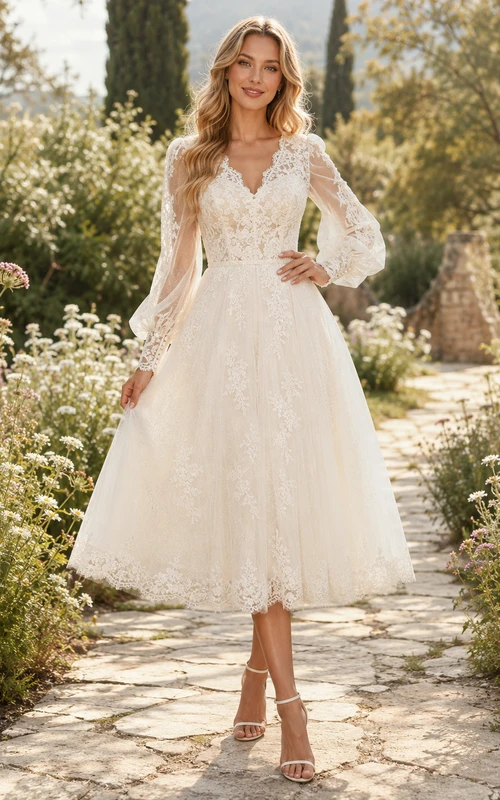 Bohemian Tea-Length V-Neck Three-Quarter Lace Country Vintage Romantic Wedding Dress