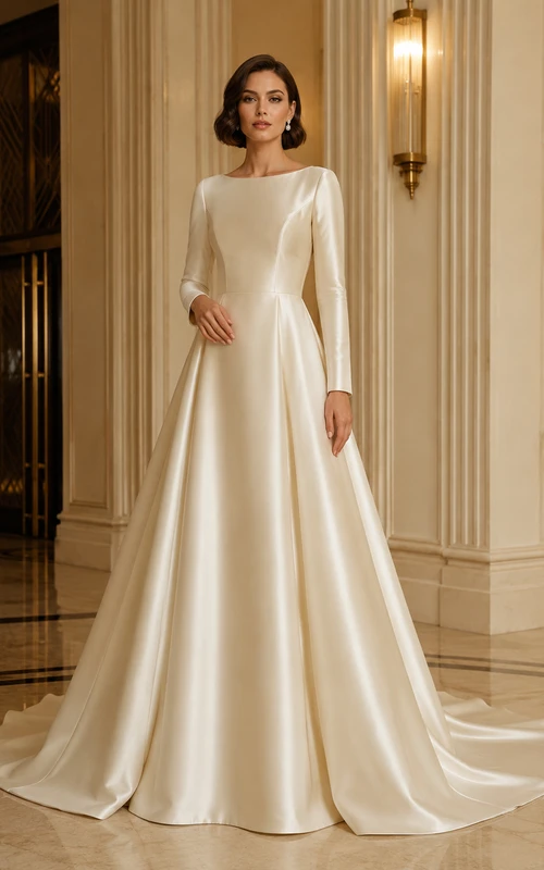 Champagne Bateau Neck Long Sleeve Satin A Line Bridal Gown