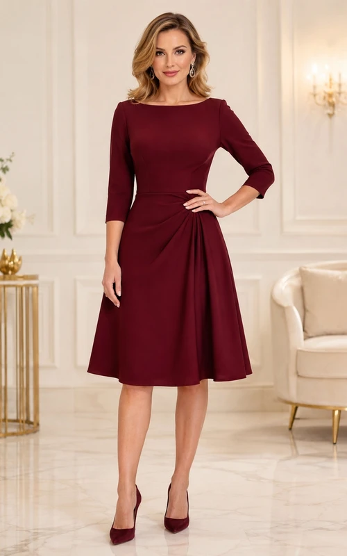Burgundy Modest Three-Quarter Sleeve Bateau Draped Knee-Length A-Line Cocktail Guest Dress