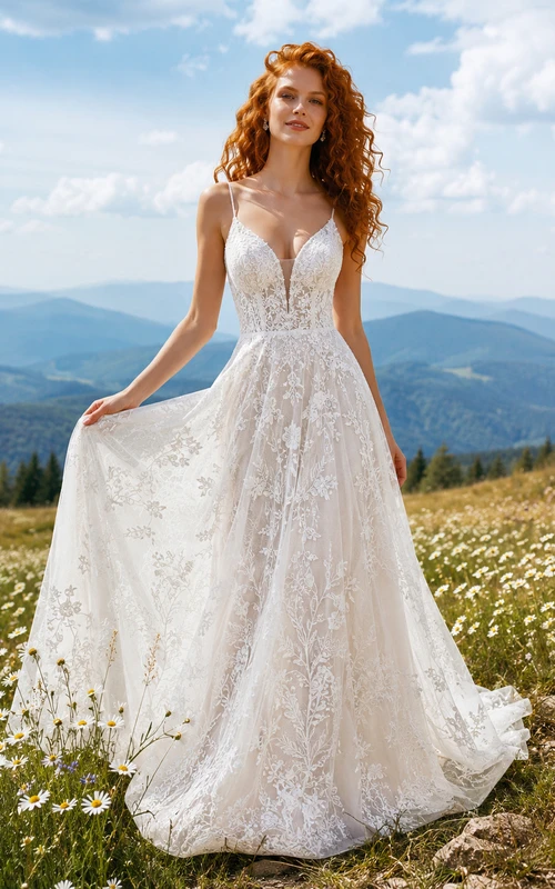 Robe de mariée champêtre en tulle, coupe trapèze, col en V, manches papillon, traîne chapelle, dos nu plongeant.