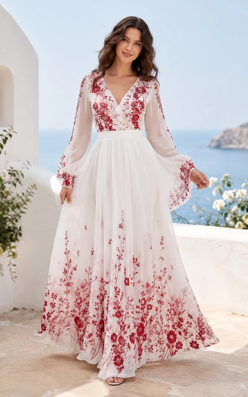 Rotes, geblümtes, glockenärmeliges, V-Ausschnitt-Spitzen-A-Linien-Brautkleid im Boho-Stil, bodenlang