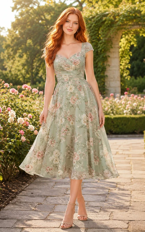 Sage Floral Cap Sleeve A Line Family Portrait Dress