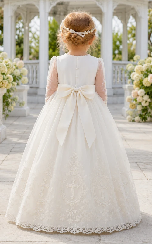 Cross Embroidered Christening Gown A-Line Tulle Satin Jewel Neck Sleeveless