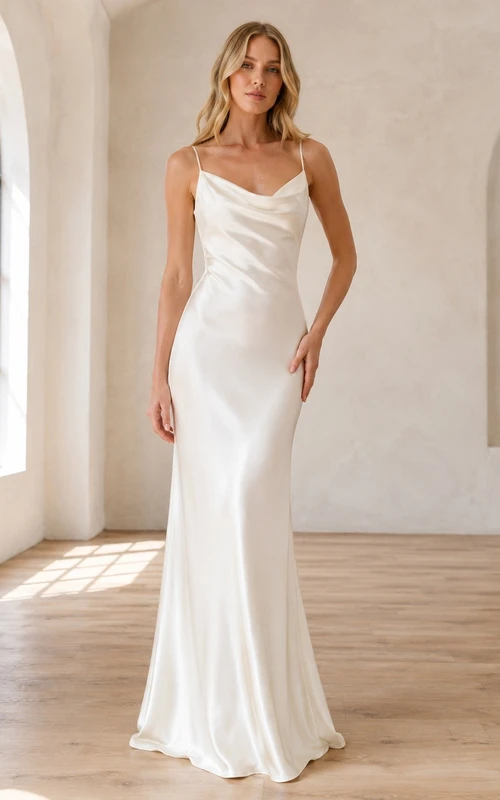 Vestido de novia sencillo de corte recto con escote drapeado y cola.