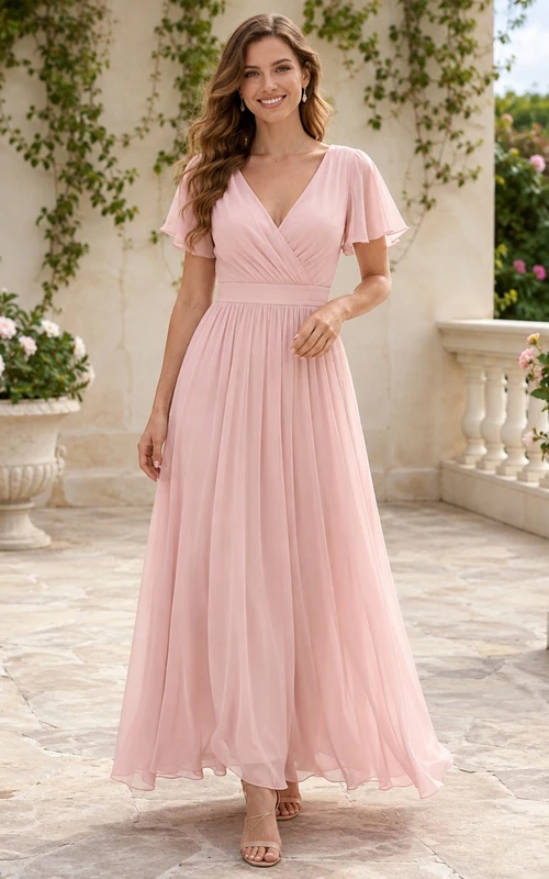 Robe romantique décontractée en mousseline rose perle, col V, manches courtes, coupe trapèze, longueur thé, style jardin.