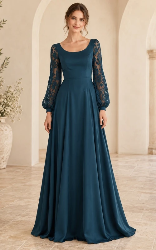 Vestido de dama de honor largo hasta el suelo, estilo bohemio, de gasa con encaje y escote redondo, manga larga y estampado de pavo real.