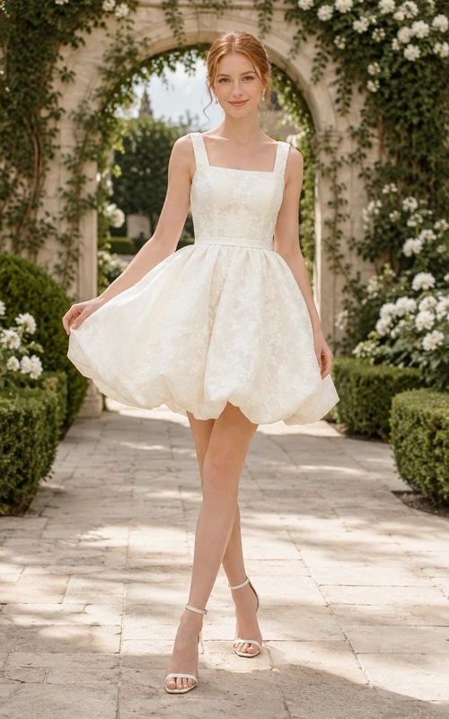 Robe de réception de mariage courte en dentelle à col carré