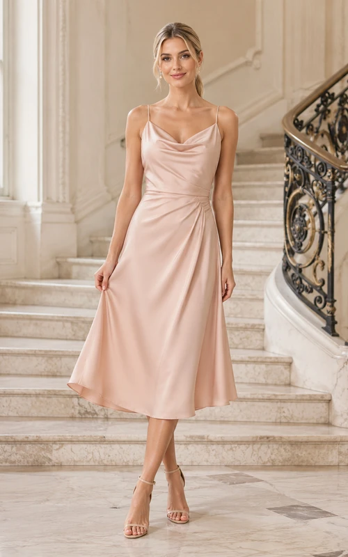 Robe de mariée Mairie en satin fluide rose poudré, col bénitier, fines bretelles spaghetti et fourreau.