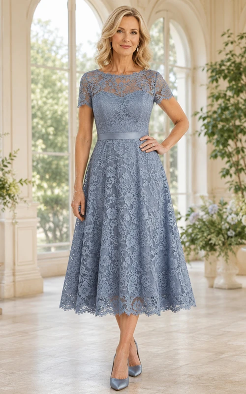 Slate Blue Tea-Length A-Line Elegant Mother of the Bride Lace Cocktail Dress with Illusion Bateau Neck Cap Sleeves and Scalloped Hem