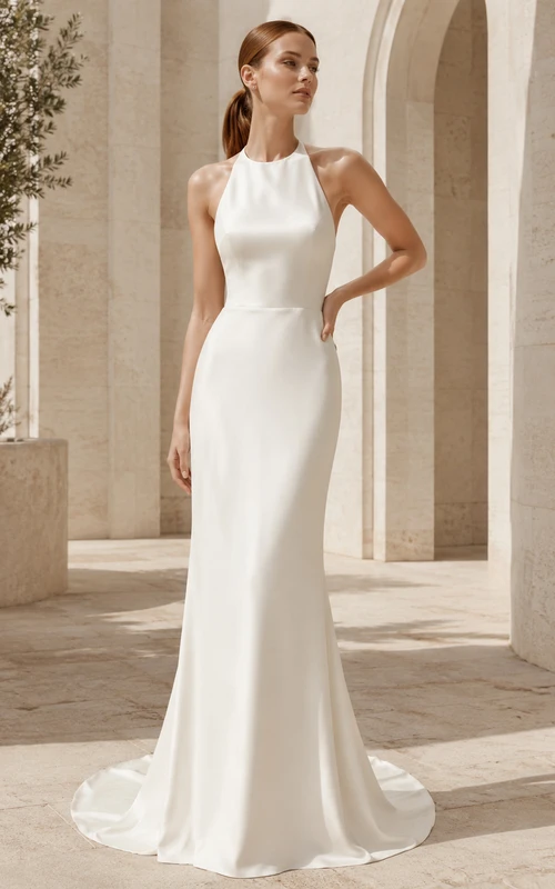 Stretch Satin Wedding Dress Mermaid Halter Sleeveless Sweep Train Open Back Bridal Gown