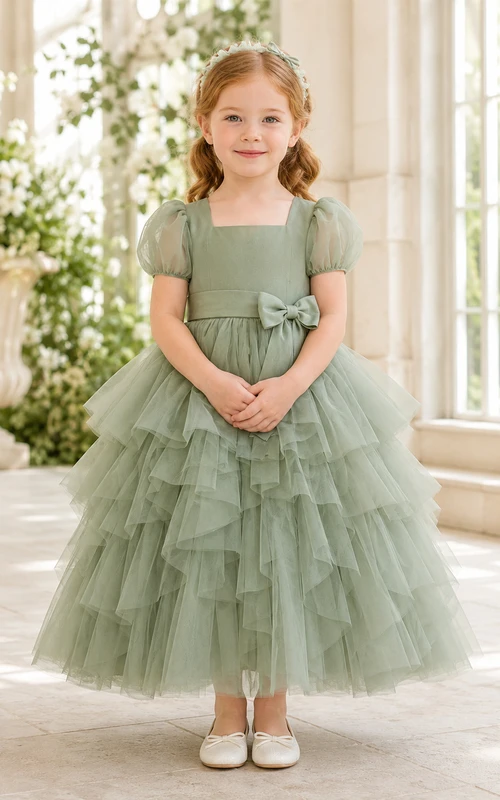 Blumenmädchenkleid aus salbeifarbenem Tüll, A-Linie, Rundhalsausschnitt, Teelänge, Rüschenbesatz
