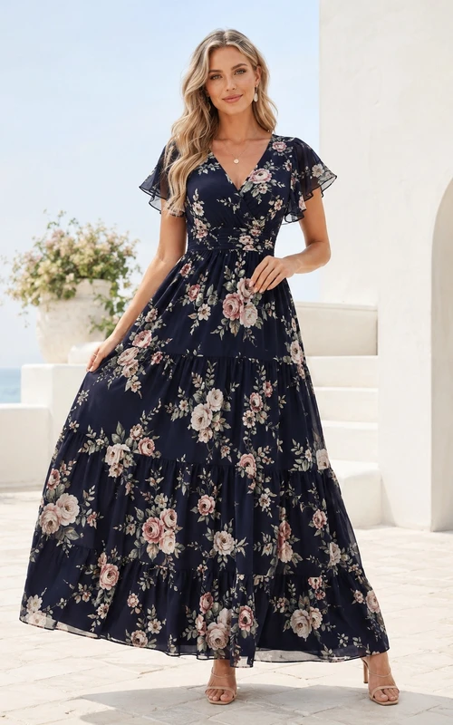 Dark Navy Floral Chiffon V-neck Short Sleeve Tiered Maxi Dress