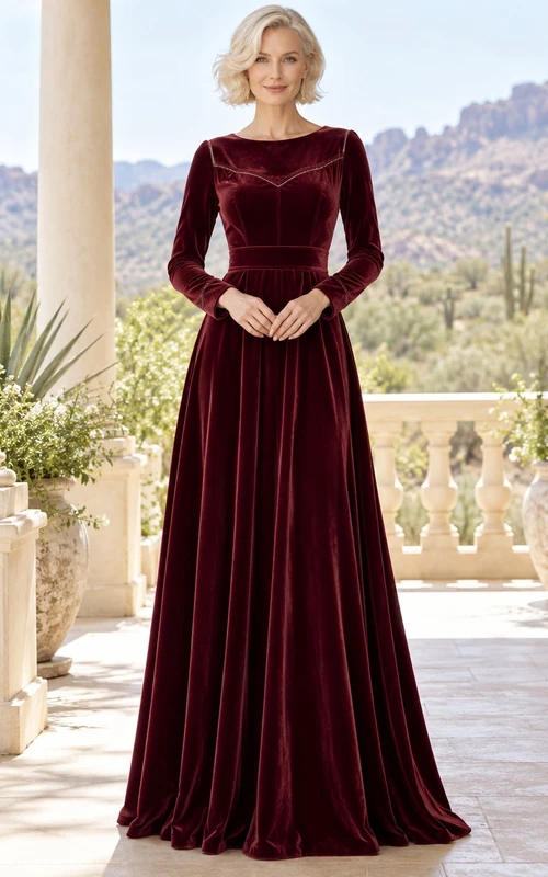 Robe de soirée western bordeaux à manches longues en velours trapèze