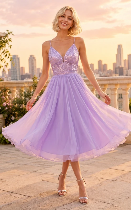Lilac Tulle Sweetheart Pleated Sleeveless Tea-Length Party Dress