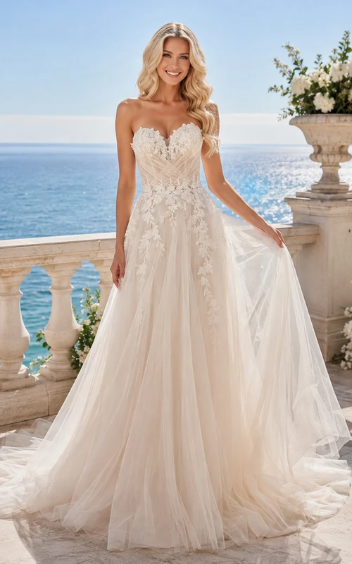 Robe de mariée romantique bustier en dentelle et tulle, dos nu, style chapelle, plage