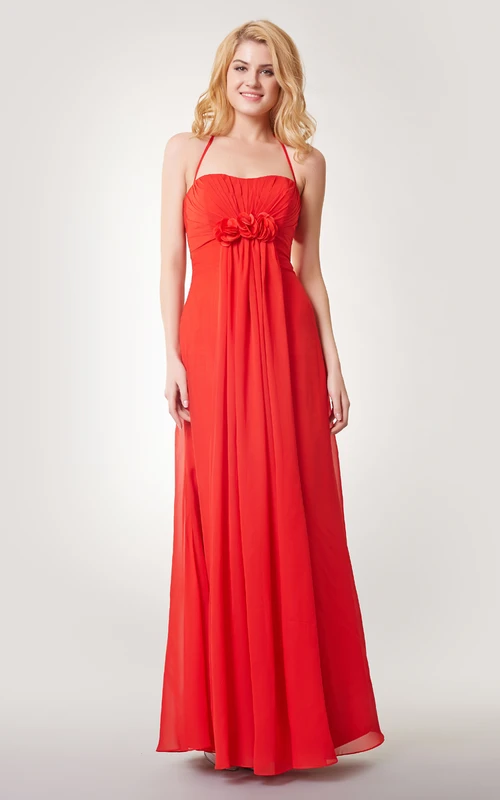 Ärmelloses, gerafftes Chiffonkleid in A-Linie mit Blumenmuster