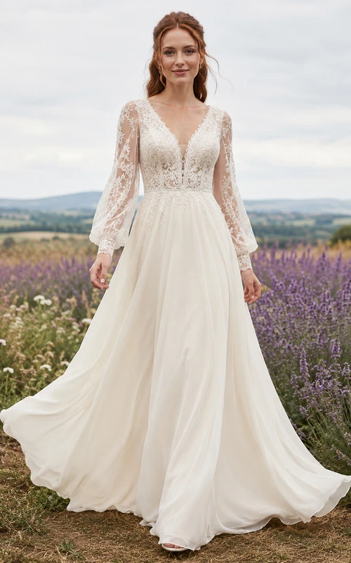 Long Sleeve Lace Chiffon Boho Country Garden Wedding Dress