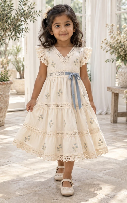 Boho-Kleid für Blumenmädchen, elfenbeinfarben, sommerlich, A-Linie, Teelänge, V-Ausschnitt, Spitzenbesatz, blauer Schärpe