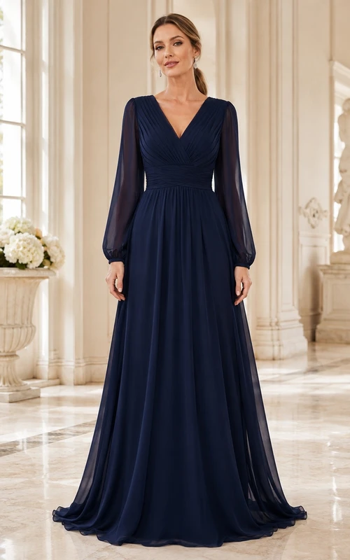 Modest Dark Navy V-neck Long Sleeve A-line Chiffon Evening Dress