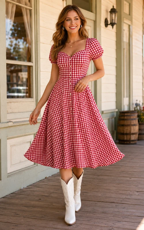 Rotes Gingham-Kleid mit herzförmigem Puffärmeln im Vintage-Stil für Teegäste