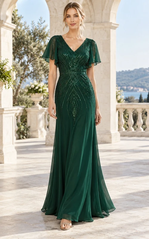 Vestido largo de dama de honor vintage verde oscuro, de gasa, con escote en V, mangas con volantes y detalles geométricos de cuentas.