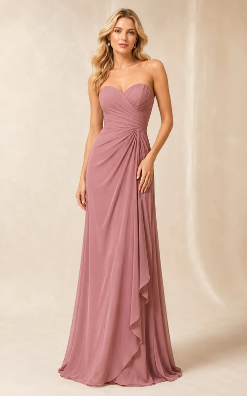 Vestido formal de gasa color rosa empolvado sin tirantes, corte en A