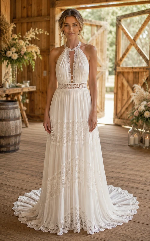 Boho A-Line Wedding Dress Halter Tulle Lace Chiffon Applique Floor Length Chapel Train Ivory