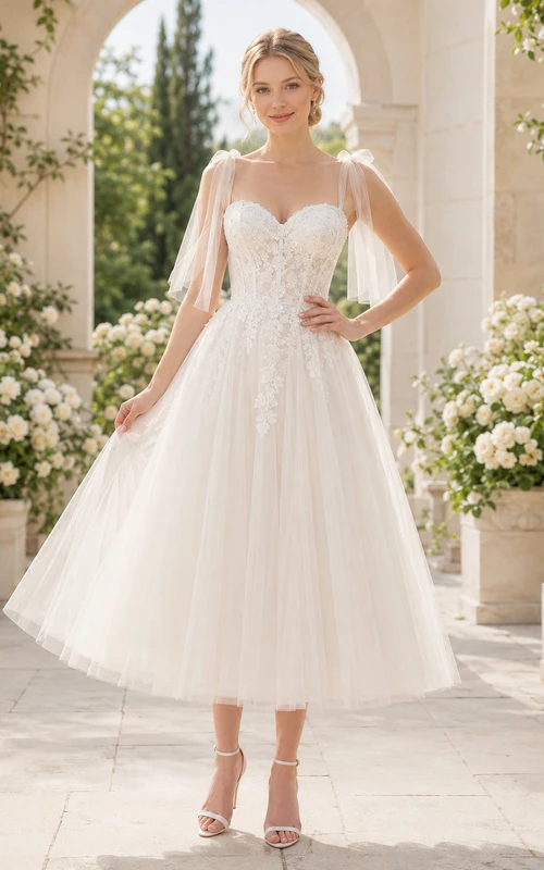 Elegante y adorable vestido de novia romántico de largo midi con escote corazón, mangas tipo capa de tul y falda de tul.
