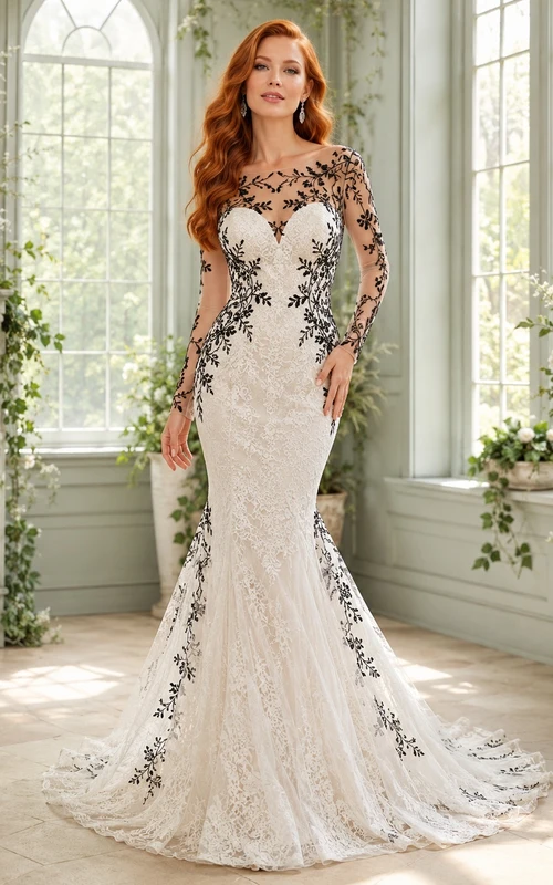 Schwarzes, romantisches Brautkleid mit floraler Spitze, U-Boot-Ausschnitt, langen Ärmeln, Meerjungfrauen-Schleppe und Schleppe