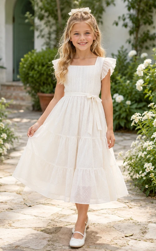 Flower Girl Dress A-Line Cream Lightweight Breathable Chiffon Tiered Sleeve