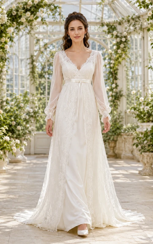 Romantic V Neck Lace Wedding A Line Long Illusion Sleeve Court Train