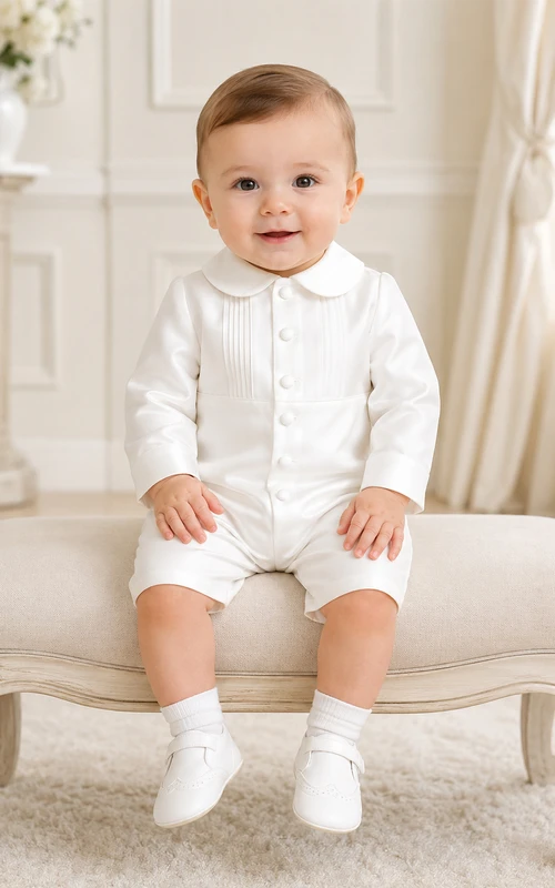 White Peter Collar Long Sleeve Button Christening Short Set for Baby Boy