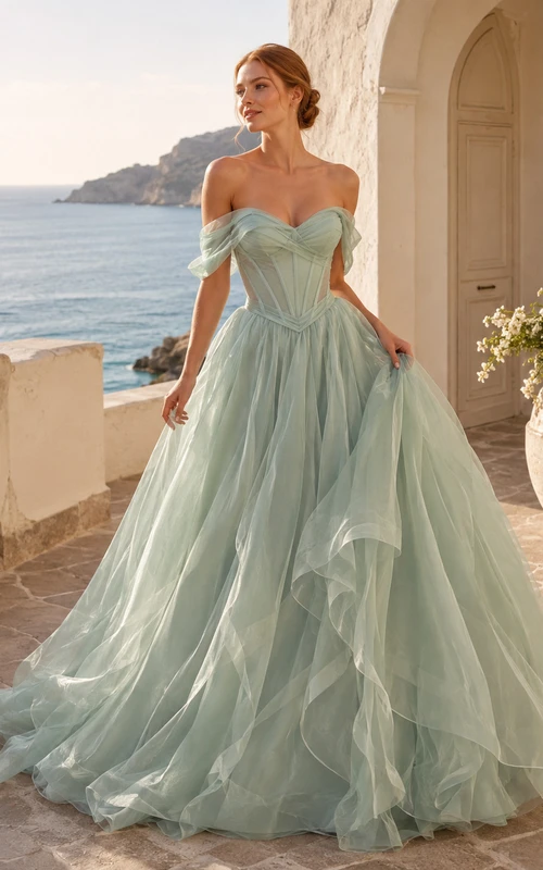 Robe de mariée de bal en organza vert menthe à épaules dénudées et corset à volants