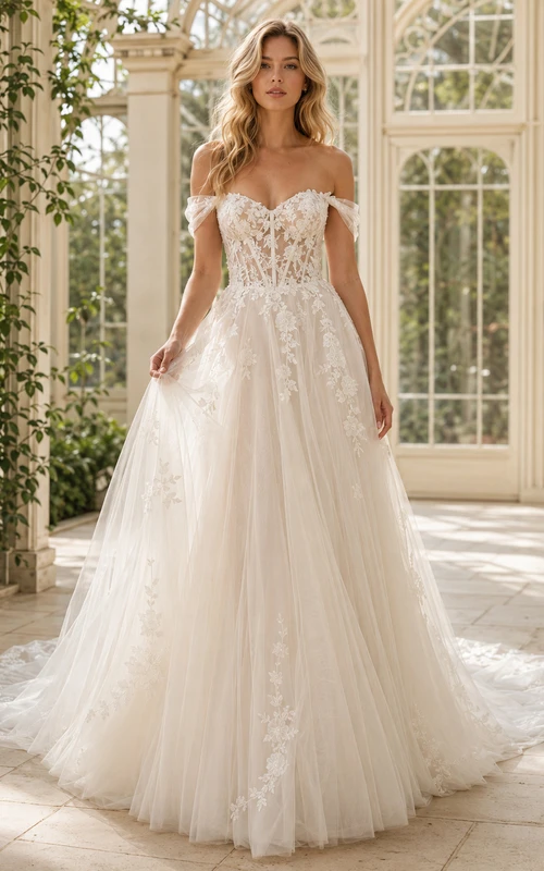 Robe de mariée de luxe en dentelle florale à épaules dénudées, coupe trapèze, traîne chapelle