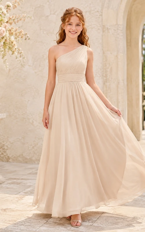 Vestido de dama de honor juvenil color champán, corte en A, un solo hombro, sin mangas, drapeado, moderno.