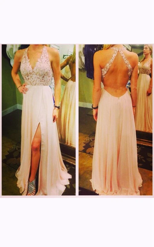 Vestido largo de encaje de gasa con abertura en forma de cerradura y apliques halter