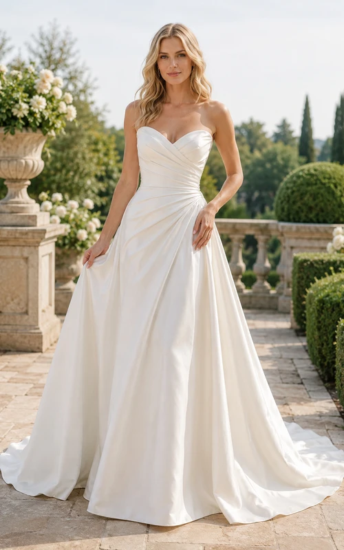Brautkleid aus Satin, Ballkleid, trägerlos, Herzausschnitt, Schleppe