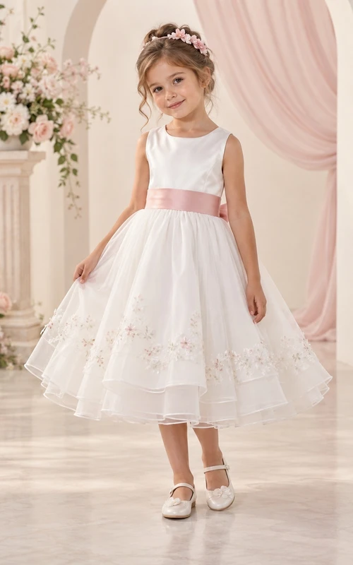 Vestido de niña de flores blanco, modesto, de corte A, sin mangas, con dobladillo bordado y ribete rosa, hasta la rodilla.