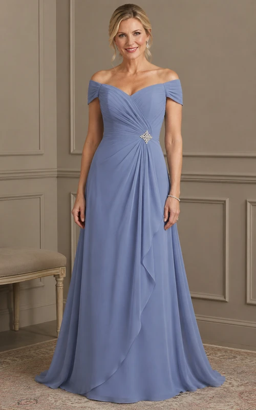 Vestido de gasa azul acero con hombros descubiertos para madre