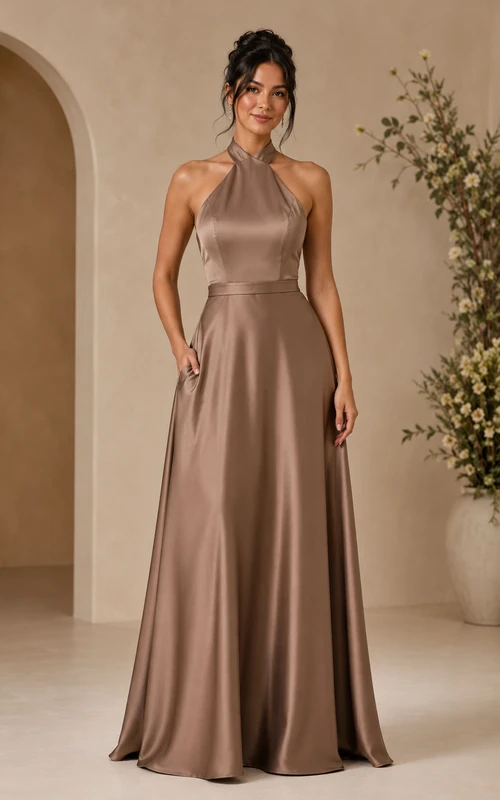 Taupe Satin Halter A-Line Bridesmaid Dress
