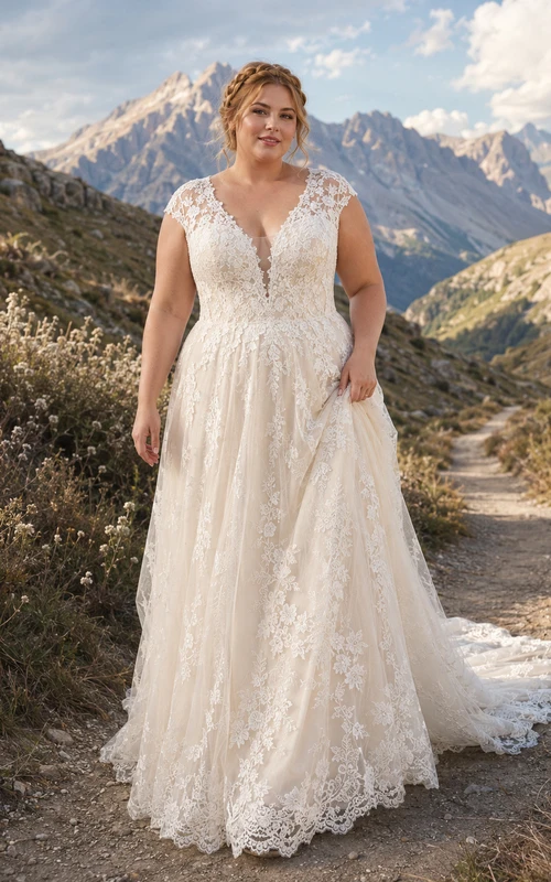 Plus Size V-Neck Lace A-Line Mountain Elopement Gown