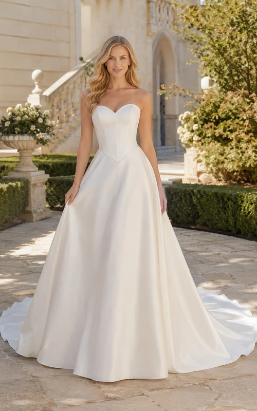 Vestido de novia palabra de honor de satén, corte en A, escote corazón y cola larga.