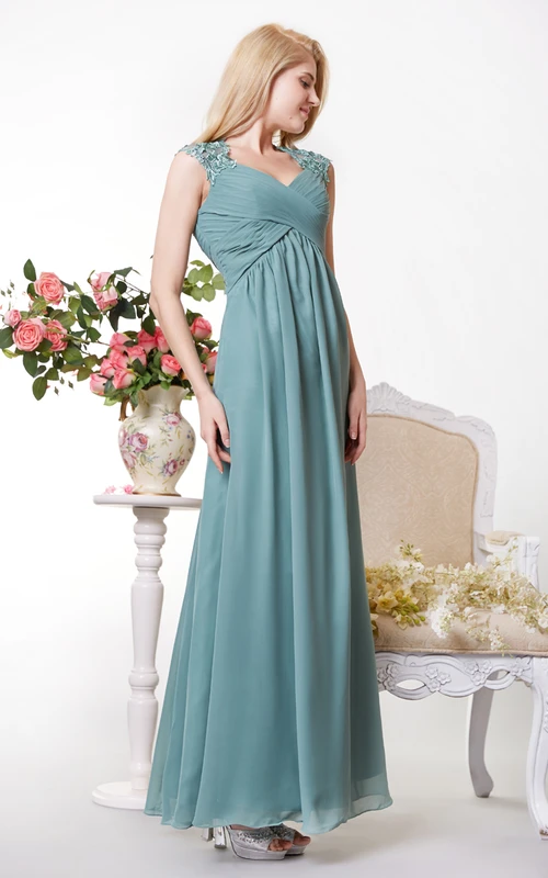 Elegantes, ärmelloses Empire-Chiffonkleid in A-Linie mit Spitzenapplikationen