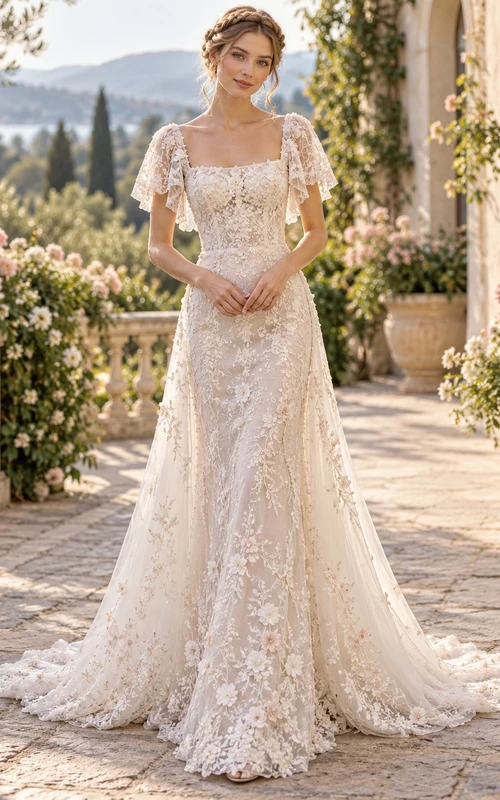 Square Neck Flutter Sleeve Floral Lace Mermaid Train Wedding Dress