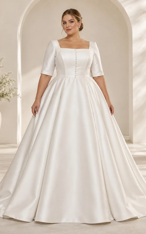 Vestido de novia de satén de corte A con escote cuadrado, mangas cortas y botones.