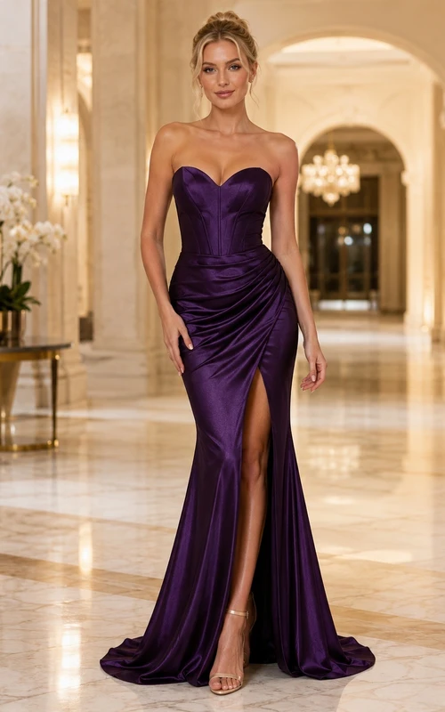 Dark Purple Satin Strapless Ruched Mermaid Floor-length Split Evening Dress